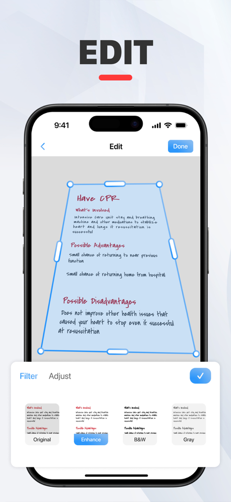 PDF Converter Image to PDF - Interface do Conversor de PDF mostrando um documento sendo cortado e aprimorado com filtros
