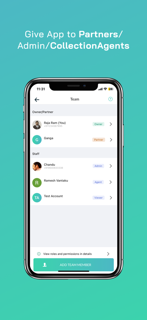 Mobile app screen showing team management with different roles like owner admin and agent in the Freebird loan book app