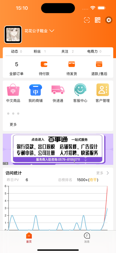 Dashboard of the Yiwugo Merchant app showing order status and shop visit statistics