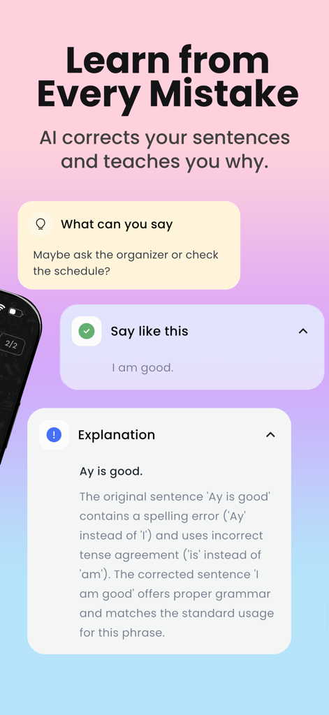 Practice English: Enverson AI - Una captura de pantalla de la aplicación Enverson AI que muestra la corrección de oraciones en inglés en tiempo real y una explicación detallada de gramática para un error del usuario.