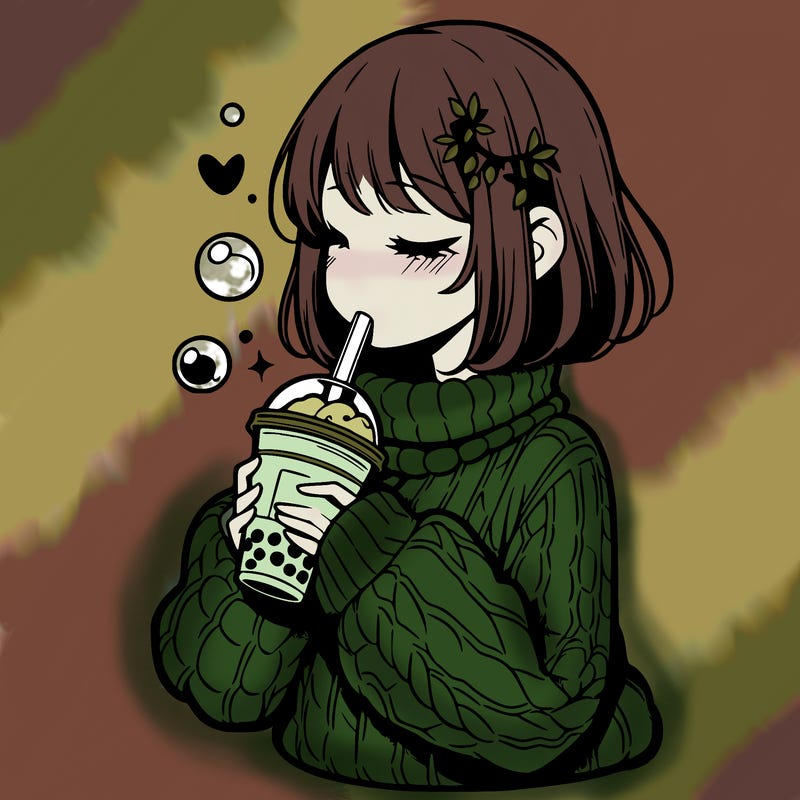 manga girl drinking boba in cozy sweater