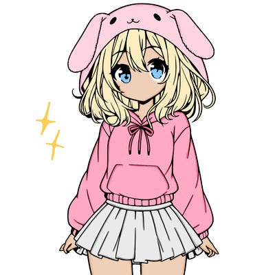 pretty anime girl wearing a fluffy hoodie with bunny ears on the hood and a skirt