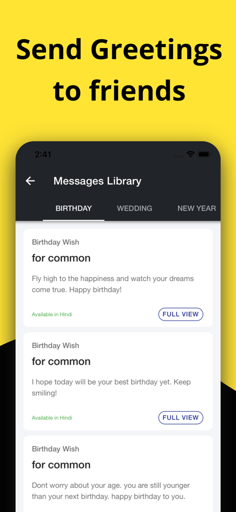 ClansRoot - Family Tree Maker - Interface of ClansRoot app displaying a library of greeting messages for birthdays and weddings