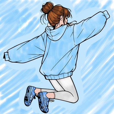 realistic girl jumping with a bun and oversized sweatshirt
