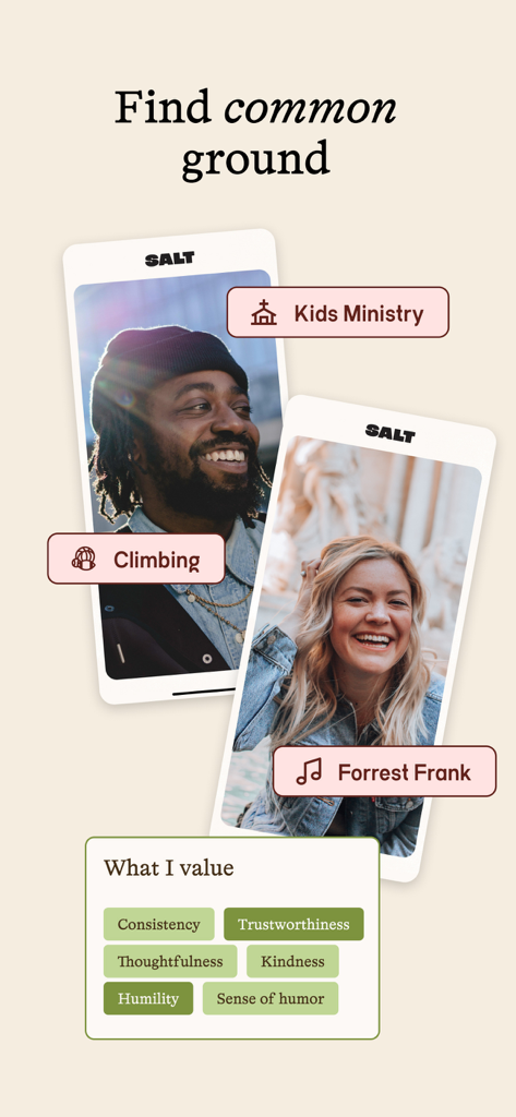 Two user profiles on the SALT Christian dating app showing interests like Kids Ministry and shared core values