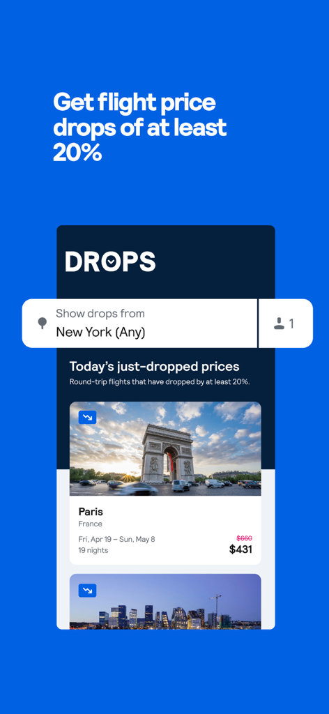 Skyscanner app interface showing flight price drops of at least 20 percent with a deal from New York to Paris