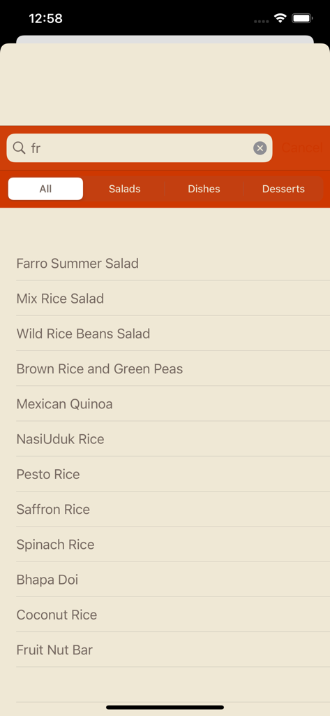 Cook With Me - Search interface of the Cook With Me app showing a list of vegetarian recipes including Farro Summer Salad and Coconut Rice