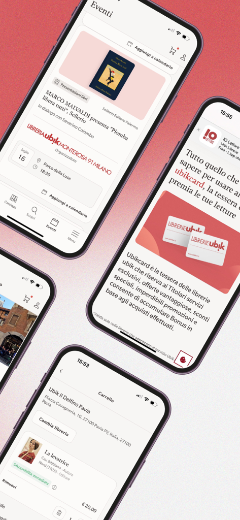Multiple smartphone screens showing book events loyalty card and shopping cart in the my ubik app