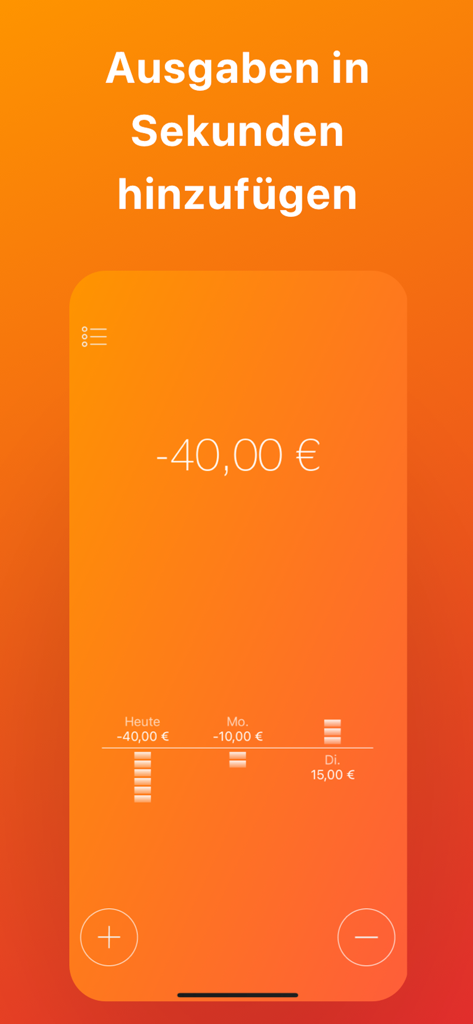 Daily Budget Original Pro - ミニマリストな支出入力画面。マイナス40ユーロの取引と、毎日の棒グラフが表示されています。