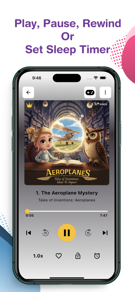 Chimes: Kids Audio Stories - Mobile app interface showing an audio player for kids stories with play pause and sleep timer controls