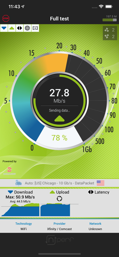 nPerf internet speed test - nPerf mobile app interface showing an internet speed test gauge and network performance graphs