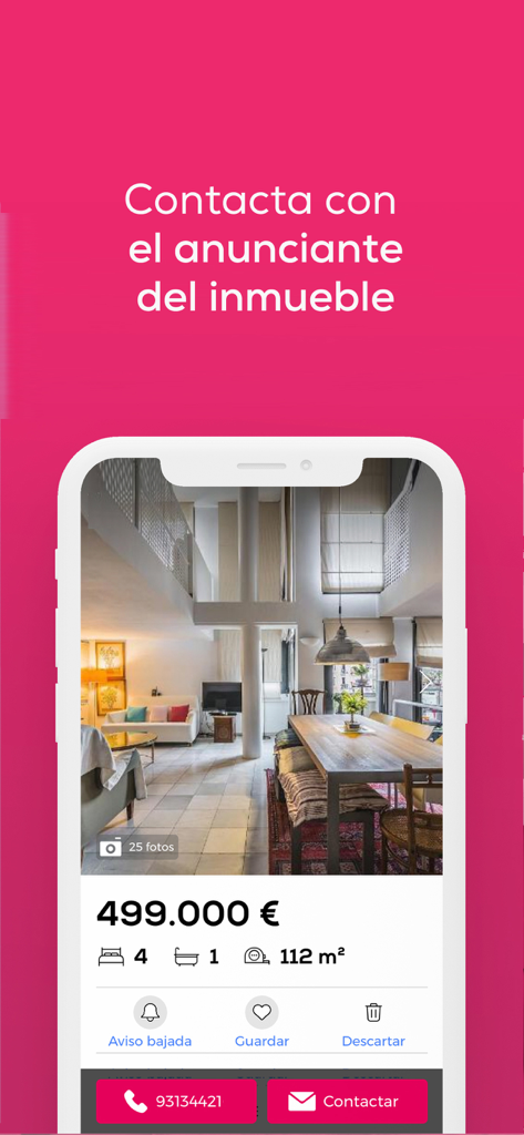 yaencontre - pisos y casas - Pantalla de teléfono móvil que muestra un anuncio inmobiliario en la aplicación yaencontre con precio y opciones de contacto