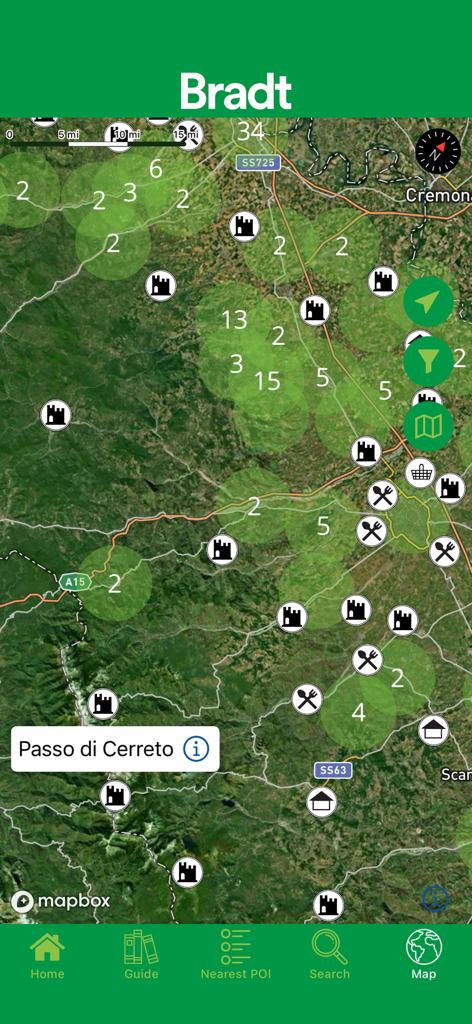 Interface cartographique de l'application Bradt Guides affichant des points d'intérêt et la cartographie en direct