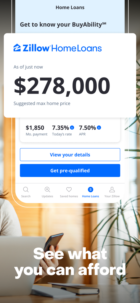 Zillow-App-Oberfläche, die das BuyAbility-Tool mit einem vorgeschlagenen maximalen Hauspreis und Details zur Hypothekenzahlung anzeigt