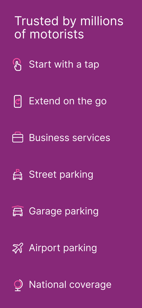 A list of RingGo app features including start with a tap, extend on the go, business services, and airport parking options.