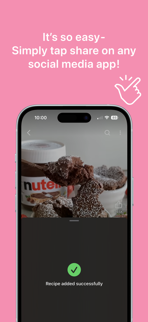 Cookmarks: Recipe Manager - Smartphone screen showing the Cookmarks app confirming a recipe was successfully added from a social media post