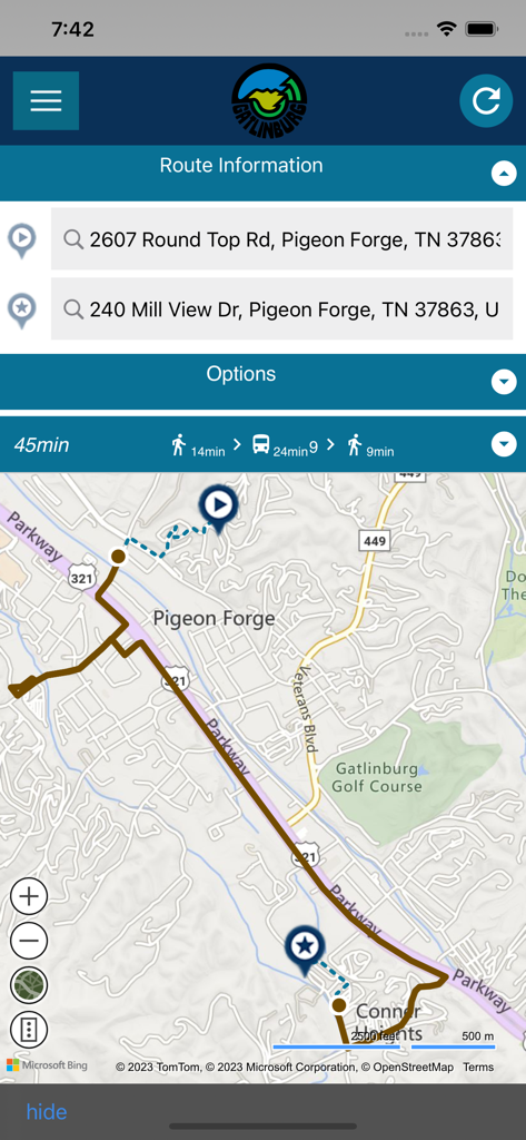 Gatlinburg Trolleys - Gatlinburg Trolleys app map view showing a planned transit route and estimated travel times