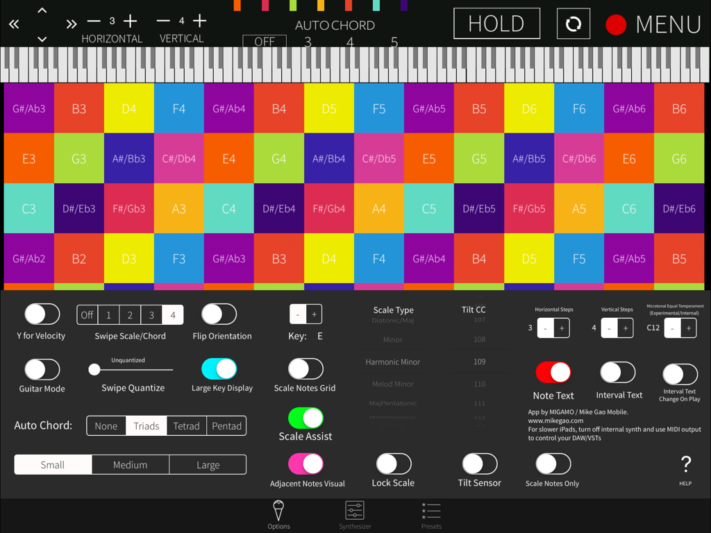 Polyplayground - Polyplayground app interface with a colorful isomorphic grid of notes and music theory settings