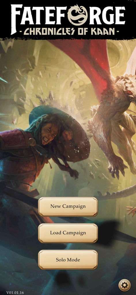 Fateforge: Chronicles of Kaan - ファンタジーアートワークの上に、新しいキャンペーン、キャンペーンの読み込み、ソロモードのボタンを特徴とするFateforge Chronicles of Kaanアプリのメインメニュー画面