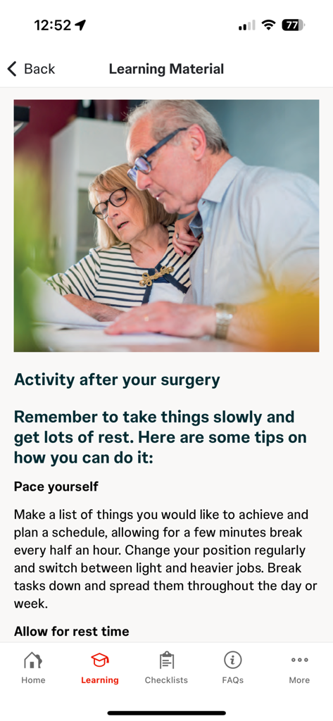 Care4Today® Education - Care4Today Education app screen displaying educational material on activity and rest tips after surgery