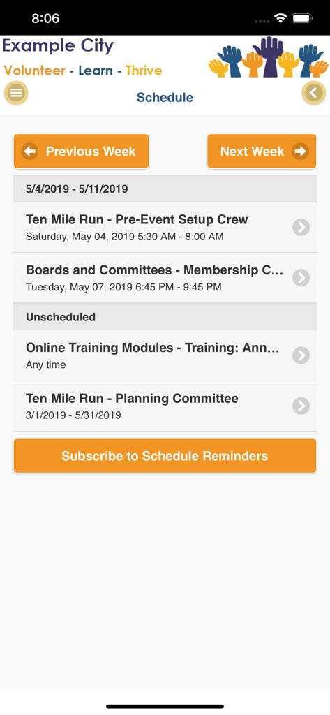 Volunteer schedule interface showing shift times and training modules in the My Impact app.