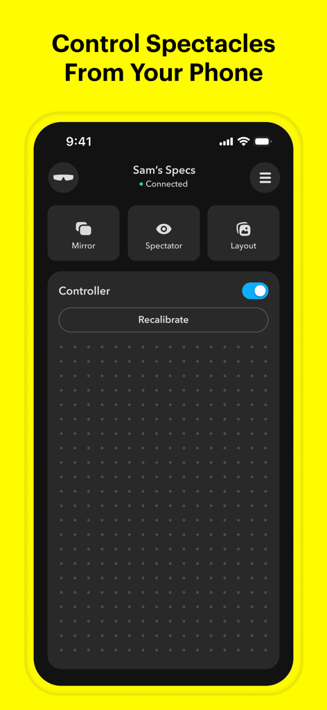 Spectacles by Snap Inc. - Screenshot of the Spectacles app showing the phone controller interface with options for mirroring and spectator mode.