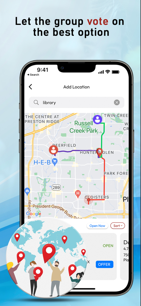 Una captura de pantalla de la interfaz del mapa de la aplicación Lets Meet que muestra diferentes rutas de usuario a un punto de encuentro central con un encabezado para votación grupal.