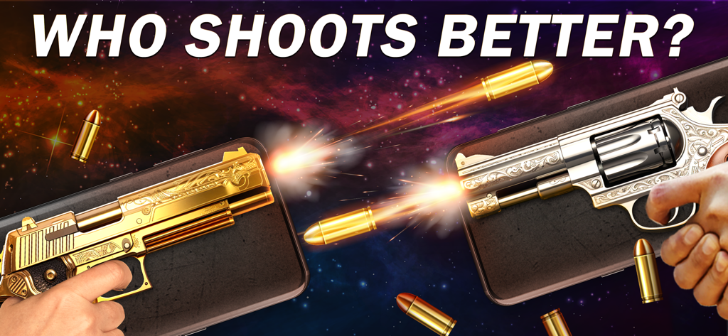 Gun Simulator - Gun Sounds - Two smartphones displaying a gold pistol and a silver revolver firing muzzle flashes in a gun simulator app