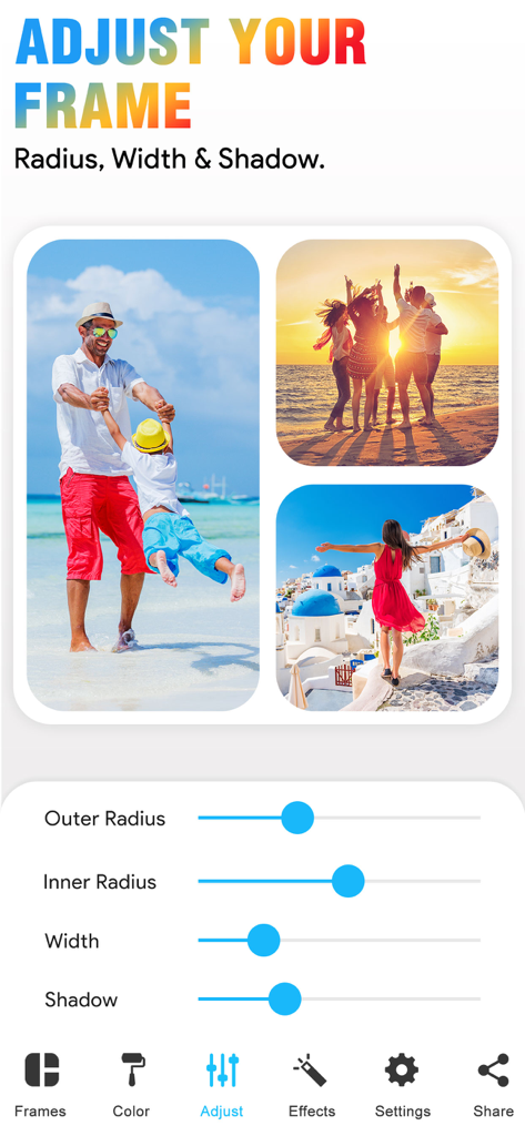 Interface de l'application Video Collage Maker affichant des curseurs permettant de personnaliser le rayon, la largeur et l'ombre du cadre d'un collage photo.