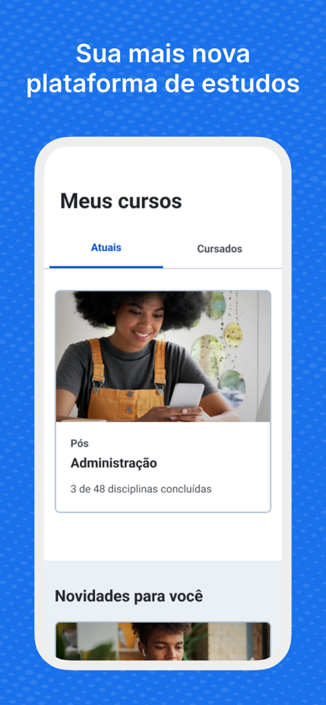 Captura de tela do app .edu mostrando a interface Meus Cursos com um cartão de curso de administração de pós-graduação.