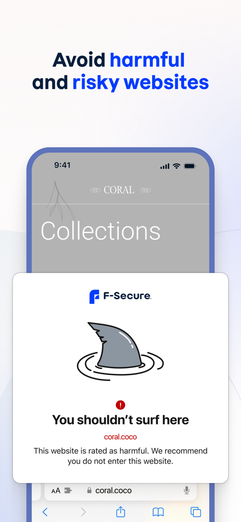 Uma tela móvel mostrando um alerta F-Secure avisando o usuário para evitar um site prejudicial e arriscado.