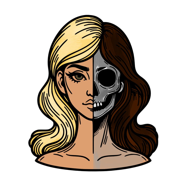 bust of a woman, half face and hair, half skull