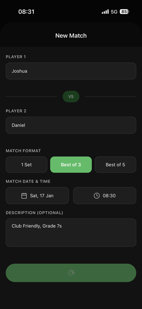 TennisLiveScore - The New Match setup screen in the TennisLiveScore app featuring fields for player names, match format selection, and date and time settings.
