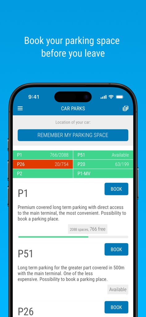 Genève Aéroport (GVA) - Screenshot of the Geneva Airport app car parks section showing parking availability and booking options