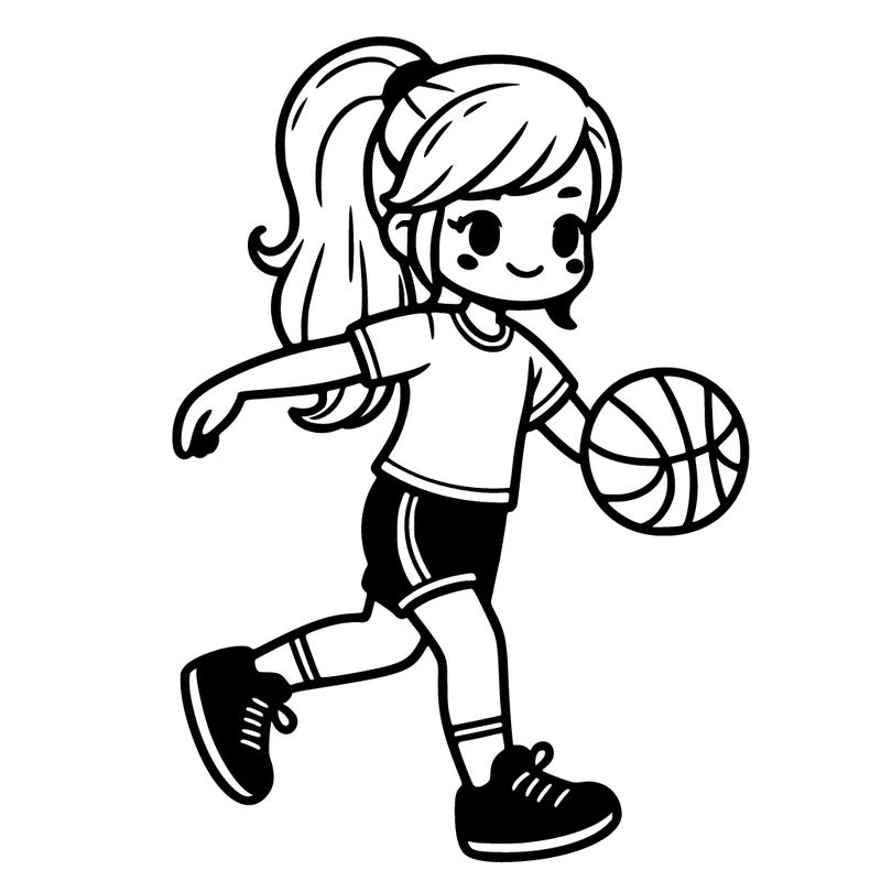 girl dribbling a basketball and she's wearing athletic shorts and a tshirt