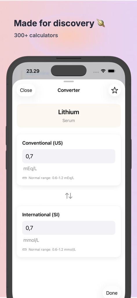 Lab Alpha app interface for converting lithium serum levels between US and international units