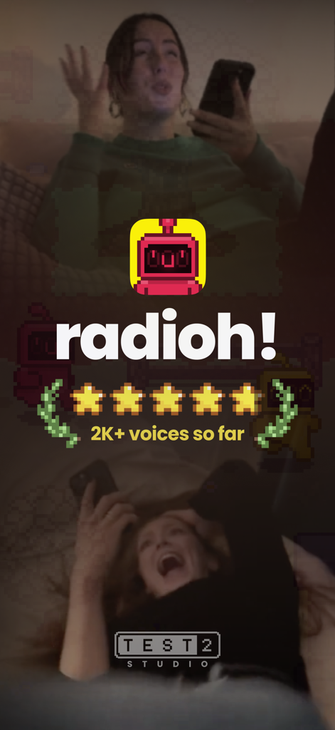 Radioh! - Walkie Talkie Radio - Radioh walkie talkie app splash screen with a red robot icon and people using their phones for voice chat