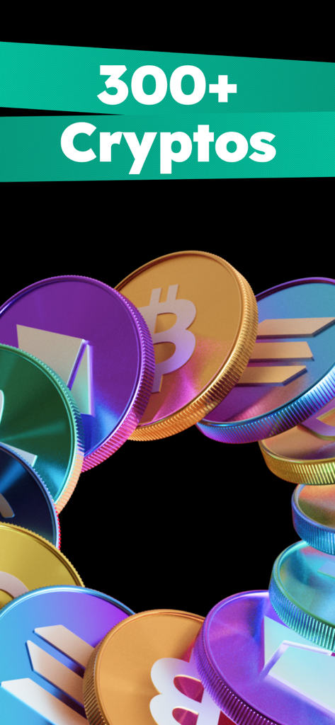 Pantalla de la aplicación CEX.IO que destaca más de 300 criptomonedas compatibles con monedas digitales en 3D