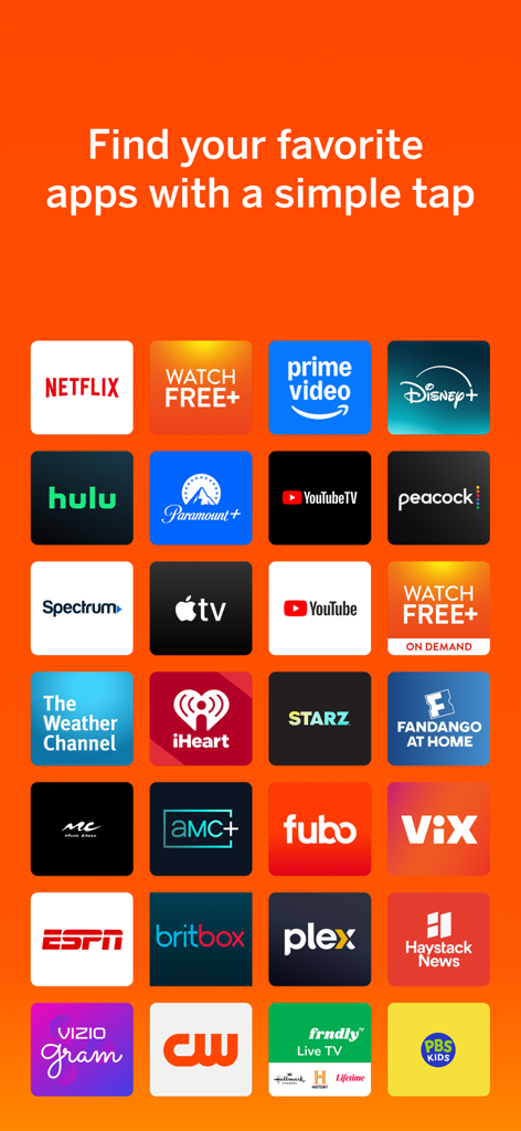 VIZIO | WatchFree+ - Una colección de íconos de aplicaciones de streaming populares, incluyendo Netflix, Disney plus y Prime Video, sobre un fondo naranja
