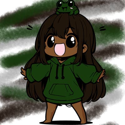 a excited chibi girl whith long hair and a baggy shirt whith a frog on there head