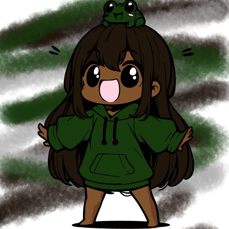 a excited chibi girl whith long hair and a baggy shirt whith a frog on there head