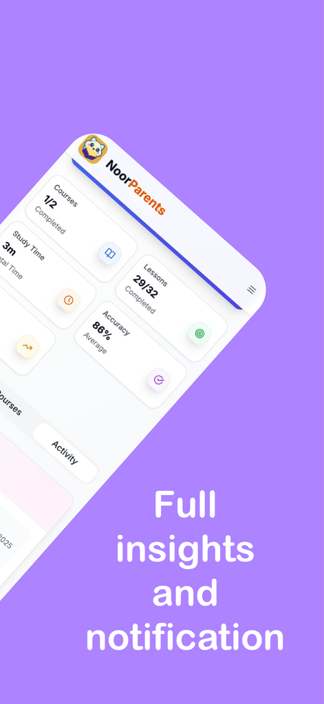 NOOR – Teaches Quran for Kids - Painel NoorParents mostrando acompanhamento de progresso para cursos, lições, tempo de estudo e métricas de precisão.