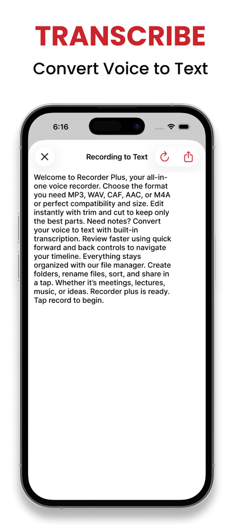 Interfaz de la aplicación Recorder Plus que muestra la función de transcripción de voz a texto