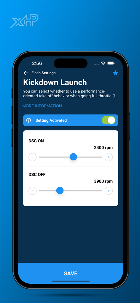 Interface of the xHP Flashtool app showing the Kickdown Launch settings with adjustable RPM sliders for DSC on and off.