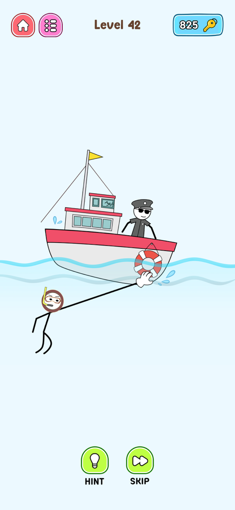 Thief Challenge: Swipe & Steal - Stickman thief underwater stretching his long arm to steal a lifebuoy from a boat guarded by a policeman