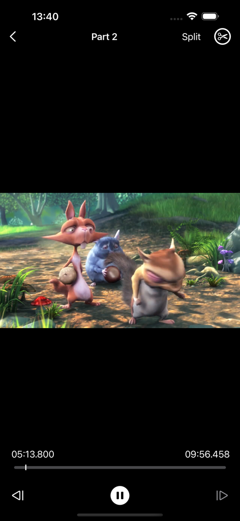 Uno screenshot dell'interfaccia dell'app VidVid che mostra un lettore video animato con controlli di divisione e riproduzione