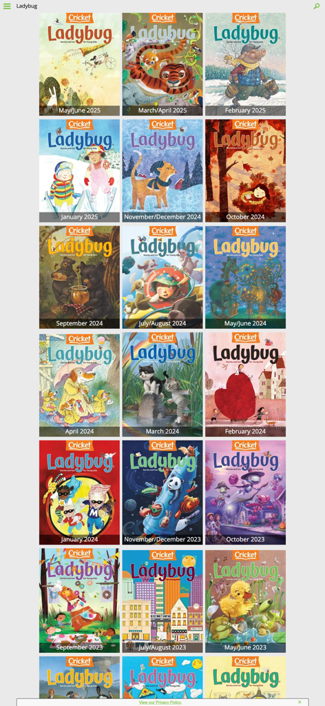 Ladybug: Fun stories & songs - A digital library of colorful Ladybug magazine covers for children