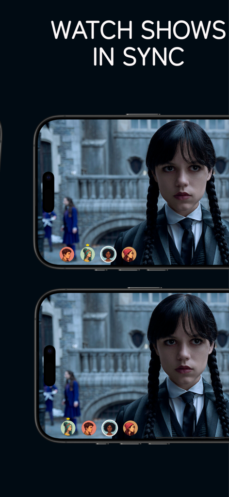Two mobile phones showing synchronized movie streaming with user avatars at the bottom