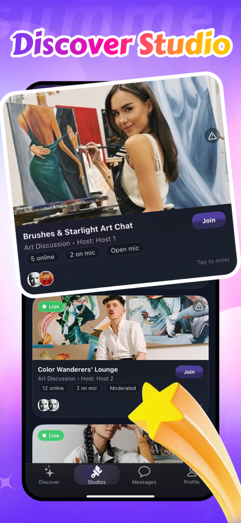 Foci: Get Inspired & Enjoy Fun - Interface of the Foci app showing a list of live art studios and community chat rooms