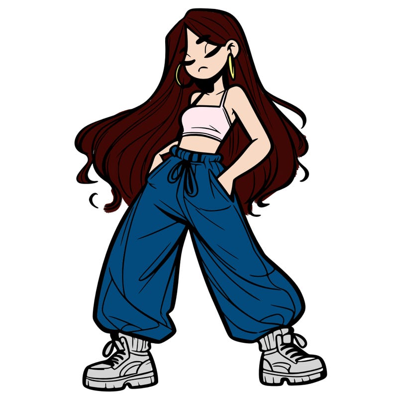 girl in baggy pants crop top and long hair